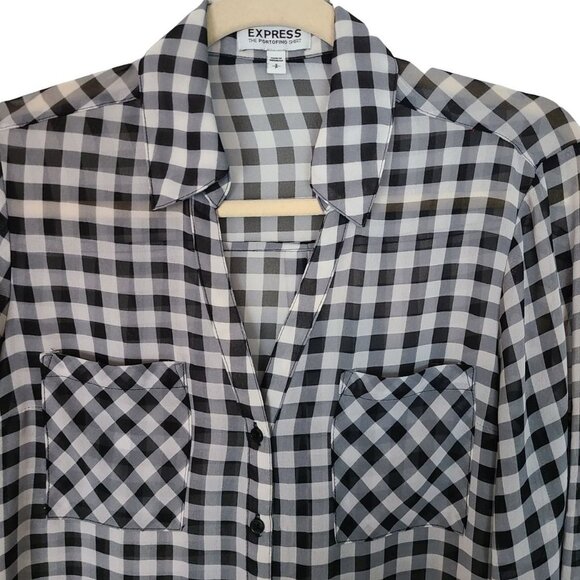 Express Womens S Black White Gingham Checkered Sheer The Portofino Shirt Pockets - Picture 3 of 9